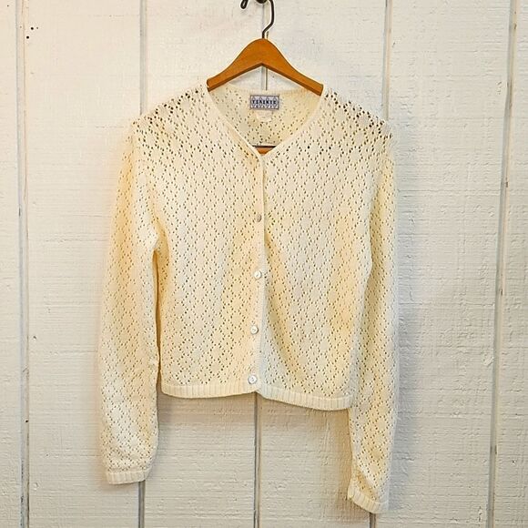 TAKE OUT Women's Vintage Cotton Knitted Long Sleeve Daisy White Cardigan Large - Picture 1 of 7